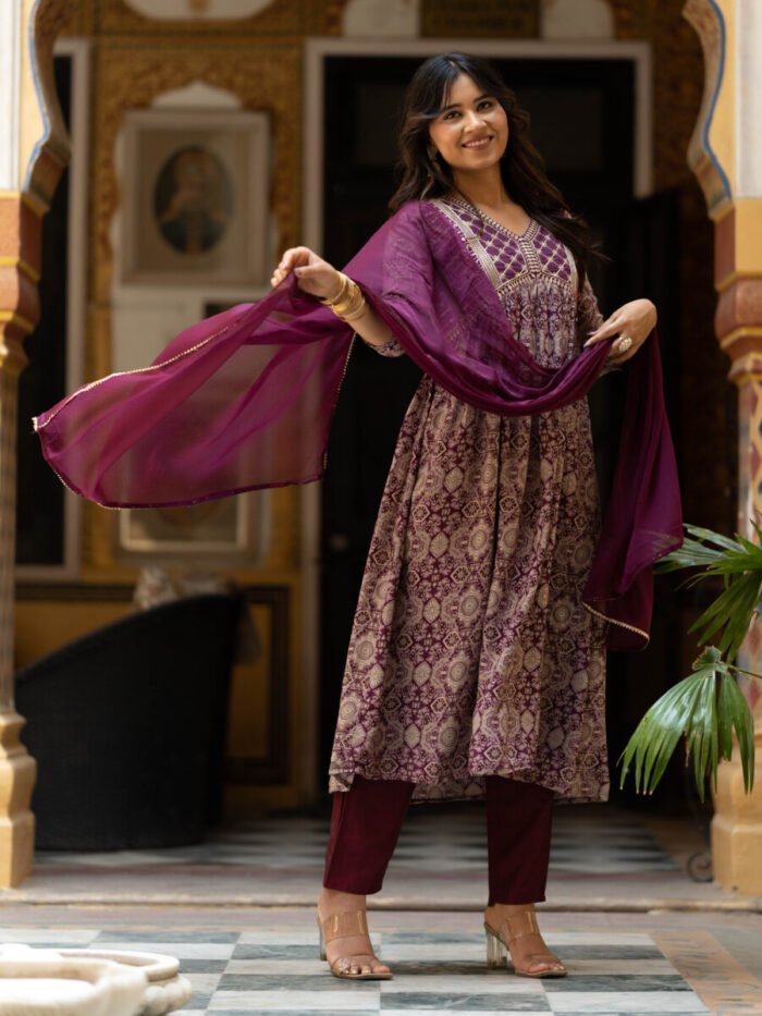 Wine Anarkali Printed Premium Cotton Suit Set