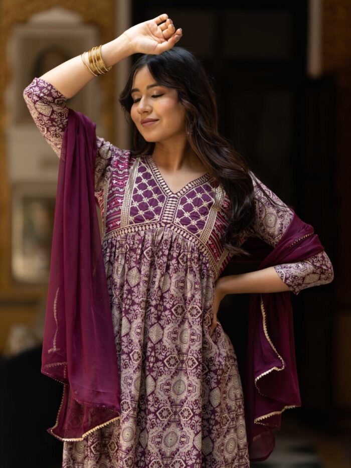 Wine Anarkali Printed Premium Cotton Suit Set - Image 3