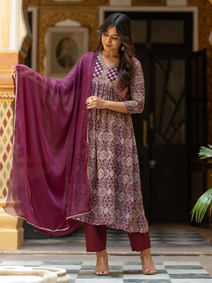 Wine Anarkali Printed Premium Cotton Suit Set - Image 4