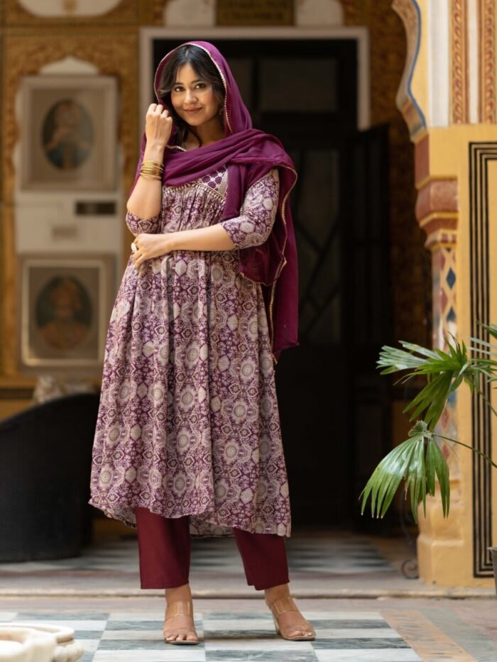 Wine Anarkali Printed Premium Cotton Suit Set - Image 5