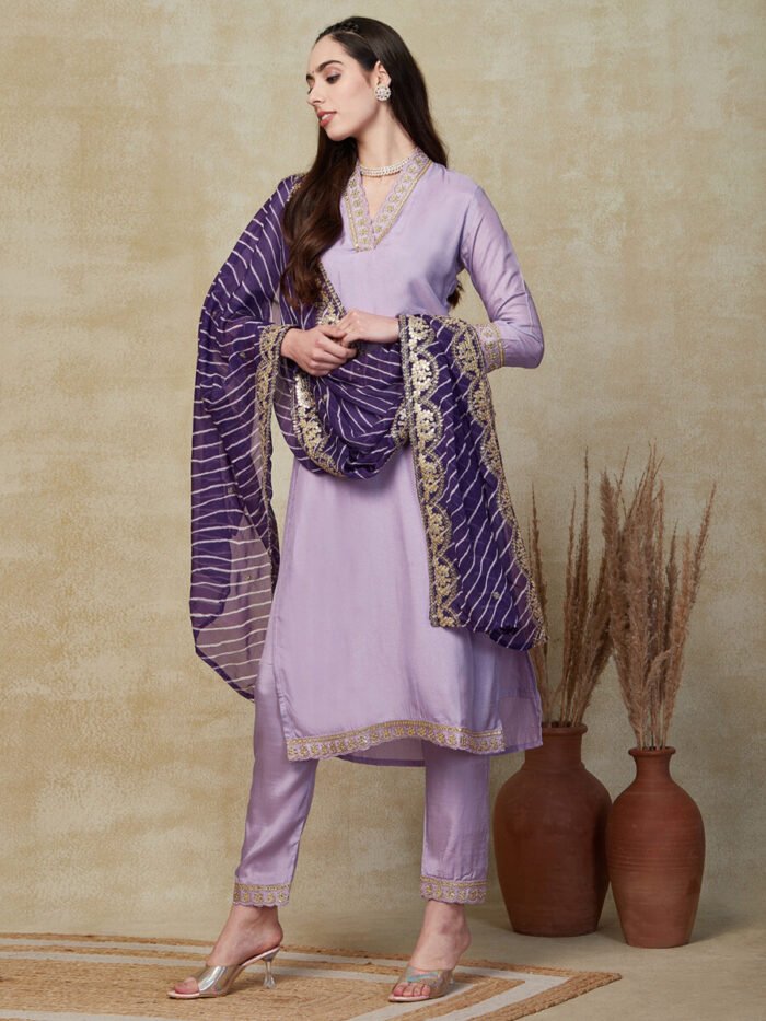 Women Embroidered Viscose Silk Blend kurta Pant Dupatta set - Image 3