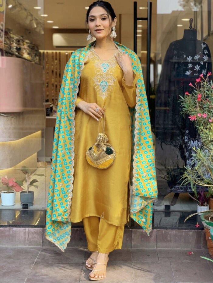 Mustard Threadwork Cotton Festive Suit