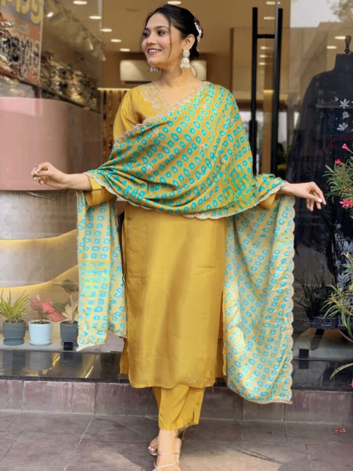 Mustard Threadwork Cotton Festive Suit - Image 2