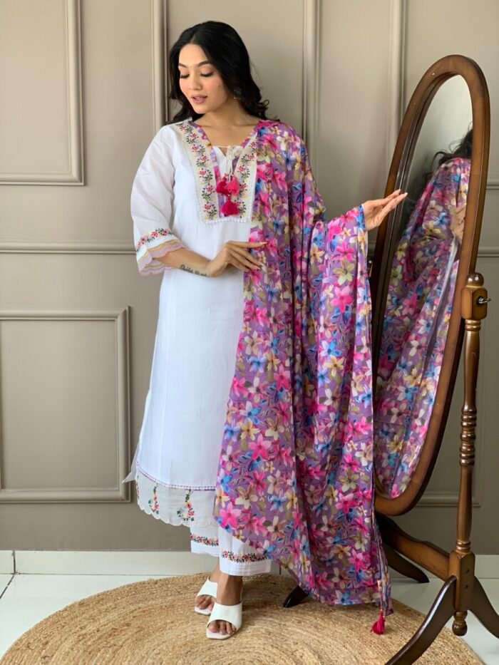 Off White Floral Cotton Suit - Image 2