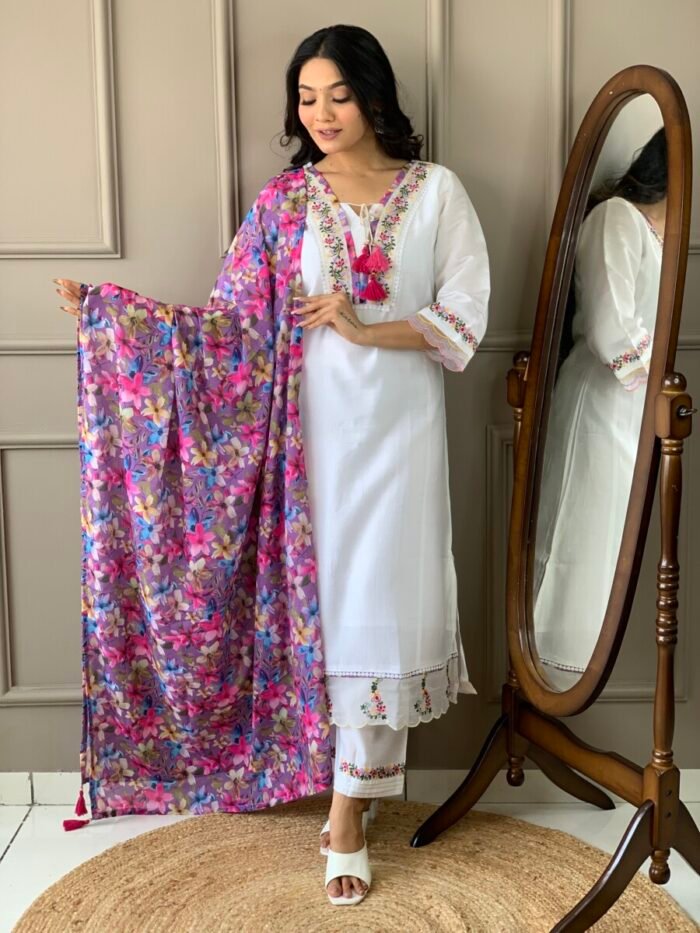 Off White Floral Cotton Suit - Image 3