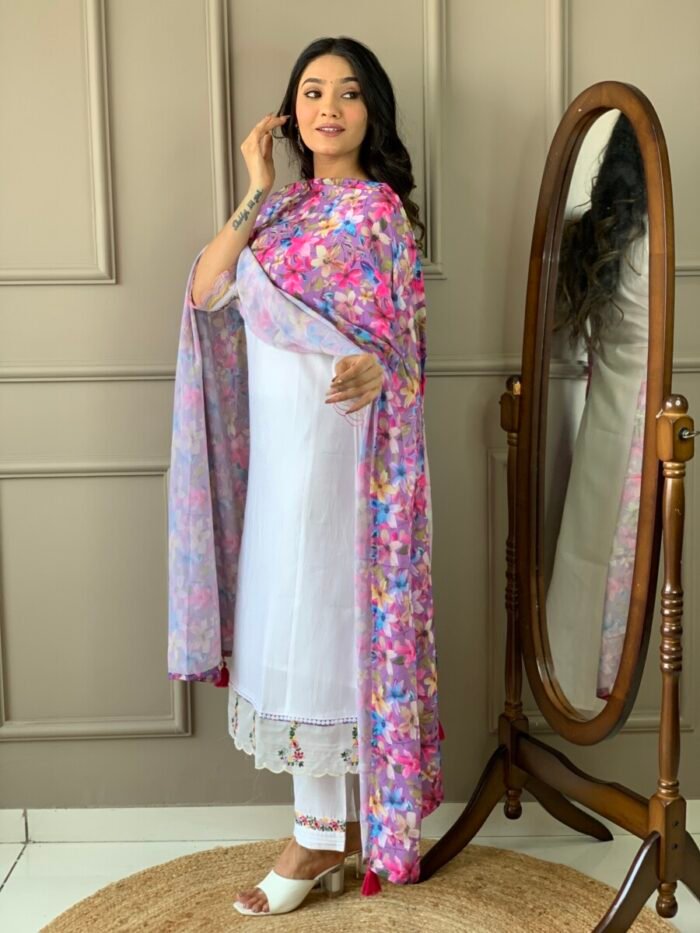 Off White Floral Cotton Suit - Image 5