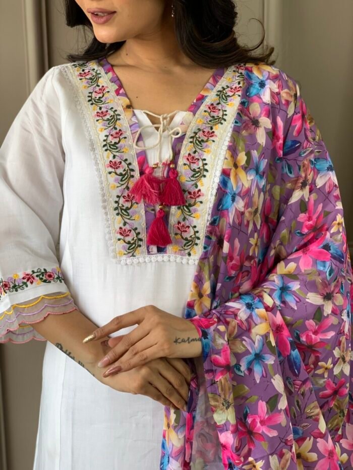 Off White Floral Cotton Suit - Image 6