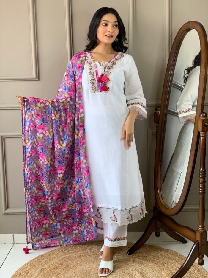 Off White Floral Cotton Suit