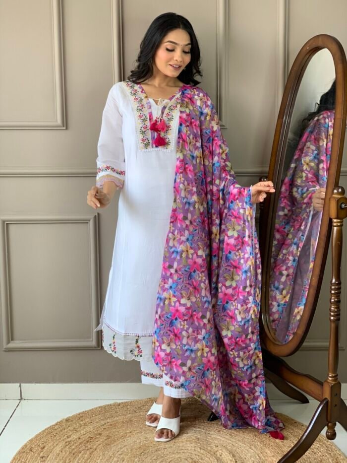 Off White Floral Cotton Suit - Image 4
