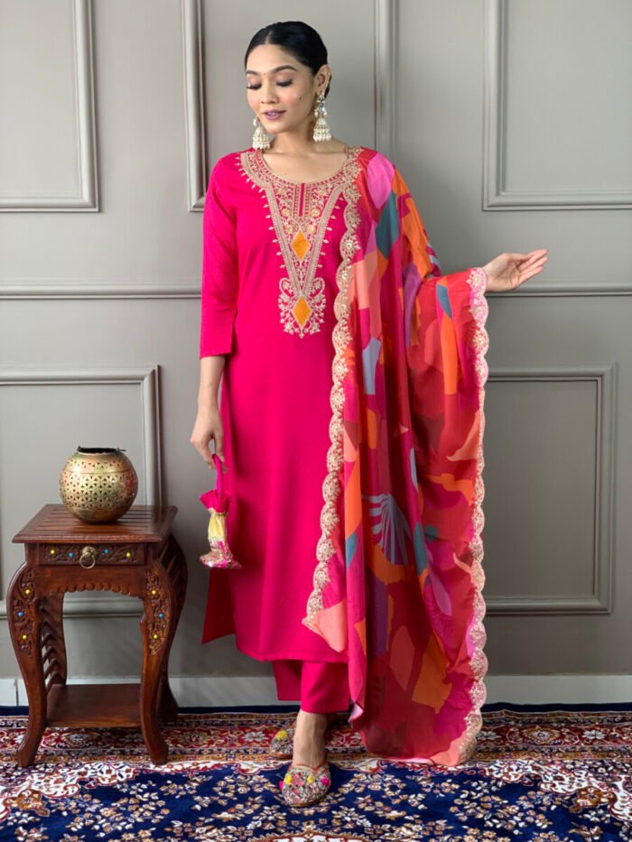 Red Threadwork Cotton Festive Suit