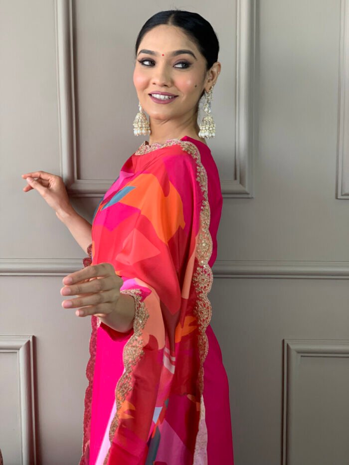 Red Threadwork Cotton Festive Suit - Image 5