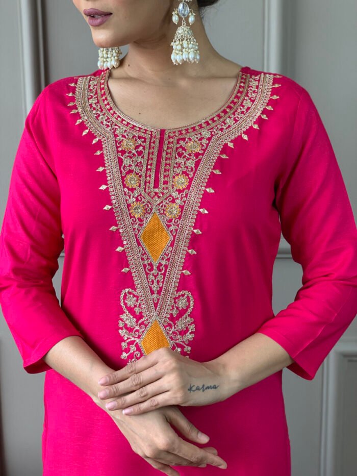 Red Threadwork Cotton Festive Suit - Image 6