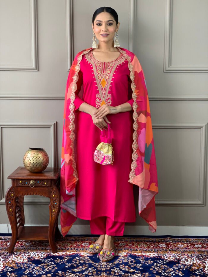 Red Threadwork Cotton Festive Suit - Image 2