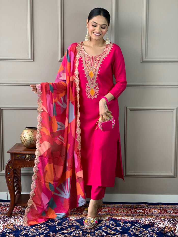Red Threadwork Cotton Festive Suit - Image 3