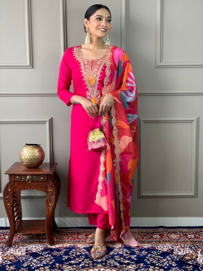 Red Threadwork Cotton Festive Suit - Image 4