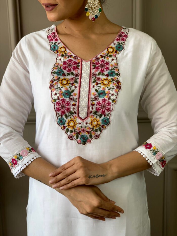 Off White Threadwork Cotton Festive Suit - Image 6