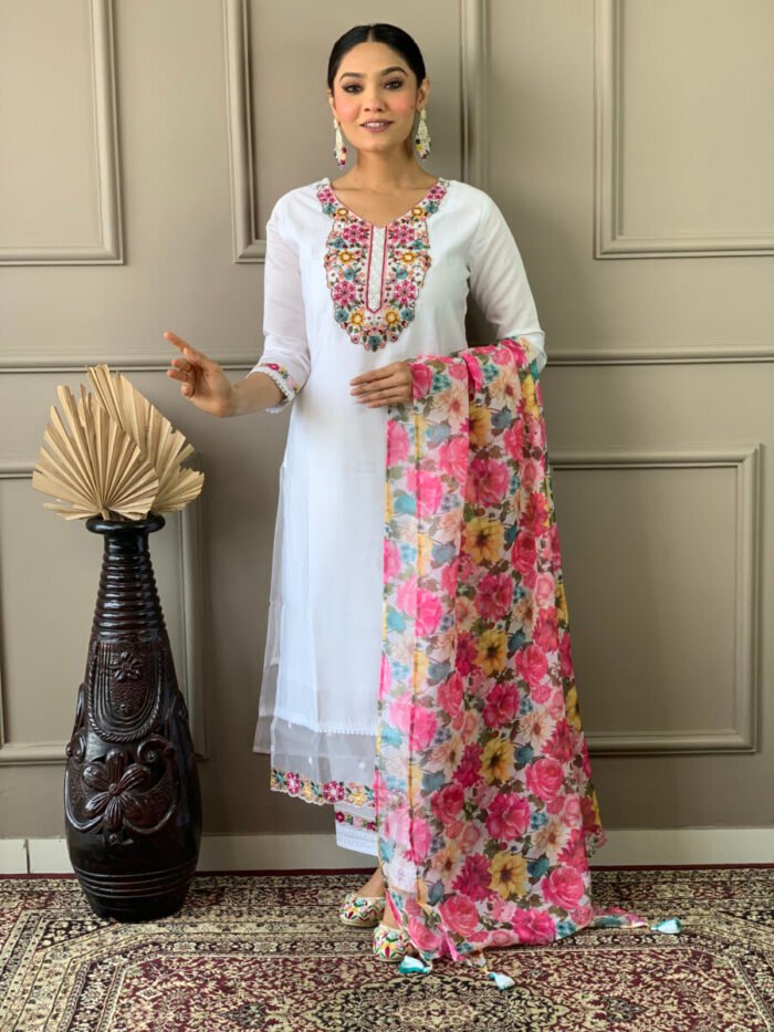 Off White Threadwork Cotton Festive Suit