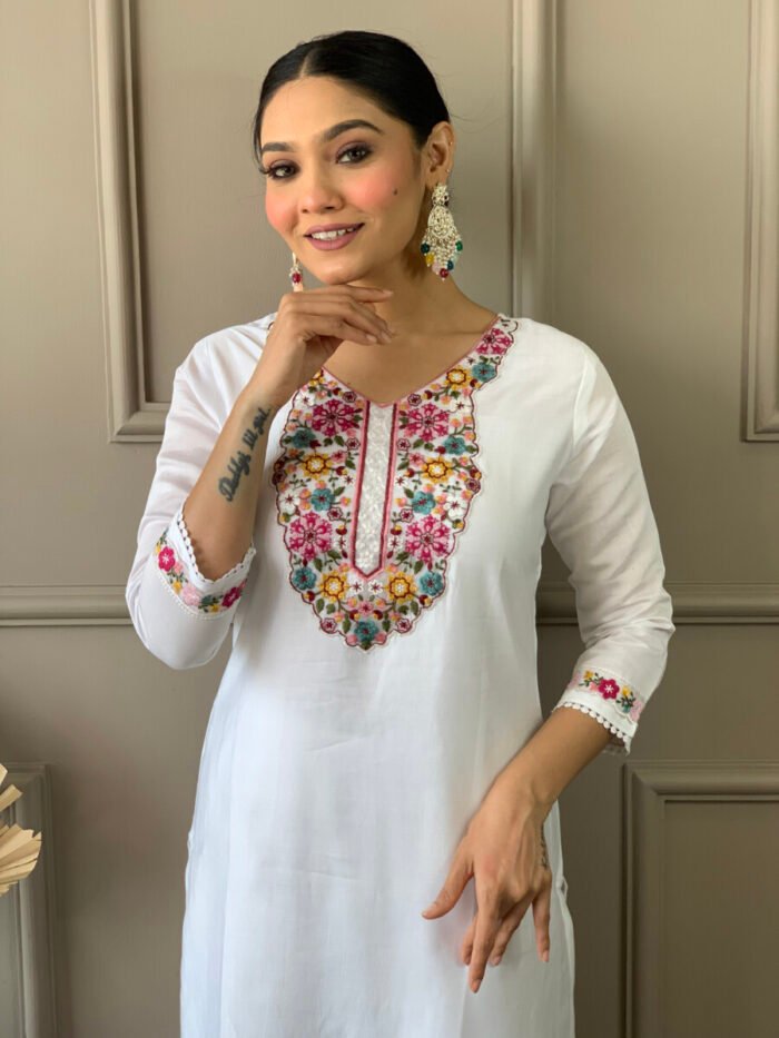 Off White Threadwork Cotton Festive Suit - Image 5