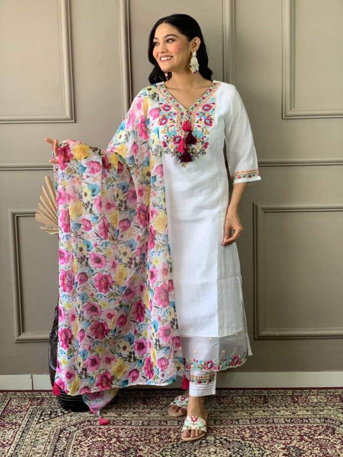 White Threadwork Cotton Festive Suit