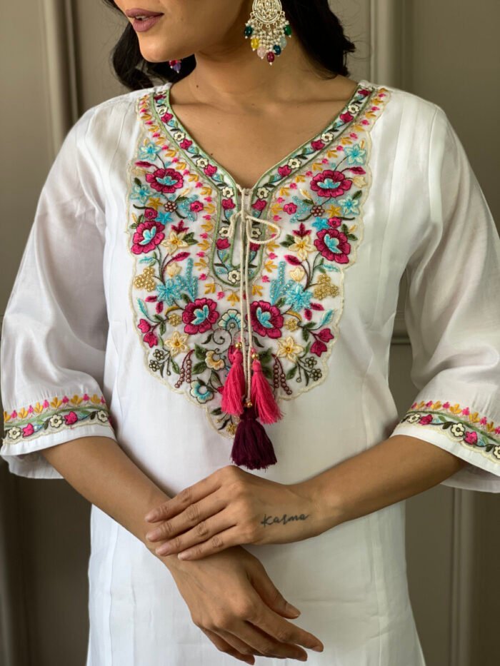 White Threadwork Cotton Festive Suit - Image 5