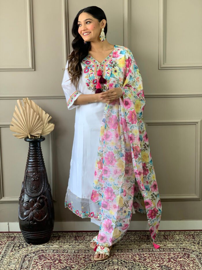 White Threadwork Cotton Festive Suit - Image 2