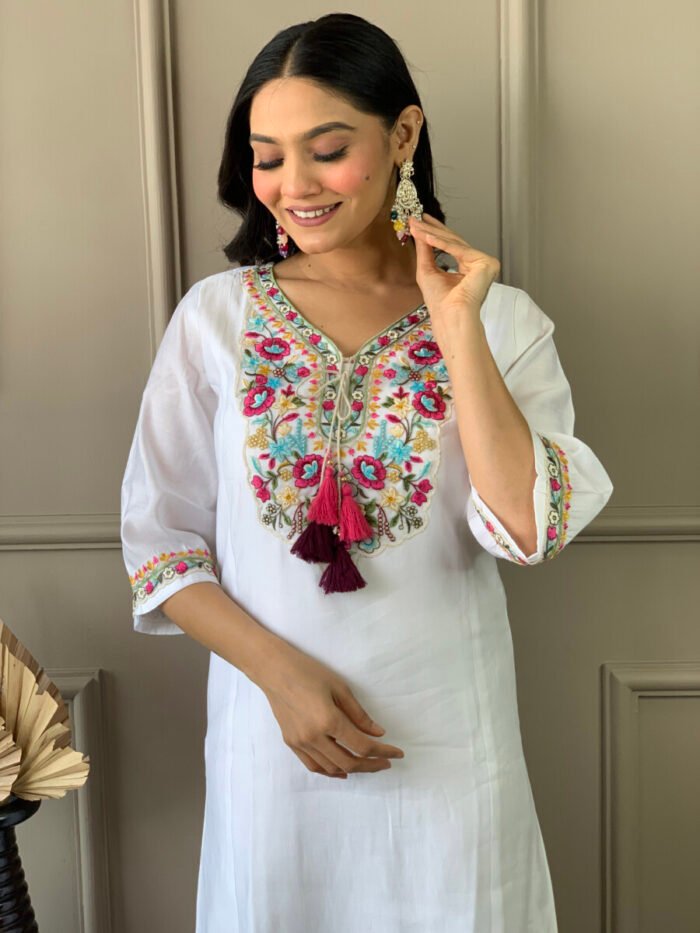 White Threadwork Cotton Festive Suit - Image 4