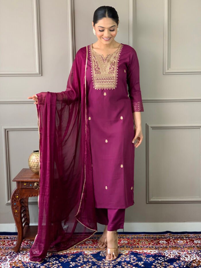 Wine Cotton Floral Threadwork Suit Set
