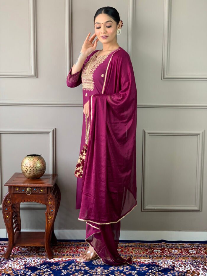 Wine Cotton Floral Threadwork Suit Set - Image 3