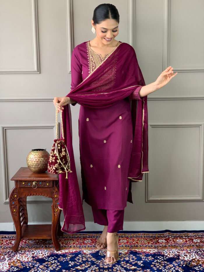 Wine Cotton Floral Threadwork Suit Set - Image 2