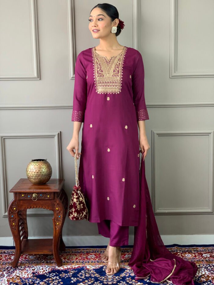 Wine Cotton Floral Threadwork Suit Set - Image 5