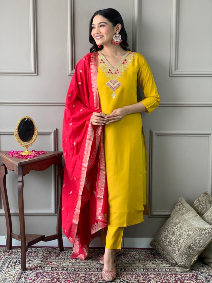 Mustard Yellow Threadwork Cotton Festive Suit - Image 2