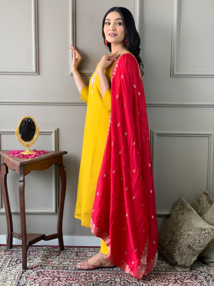 Mustard Yellow Threadwork Cotton Festive Suit - Image 4