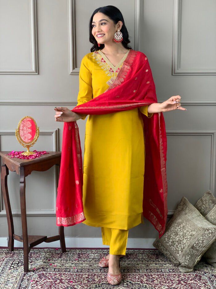 Mustard Yellow Threadwork Cotton Festive Suit - Image 3