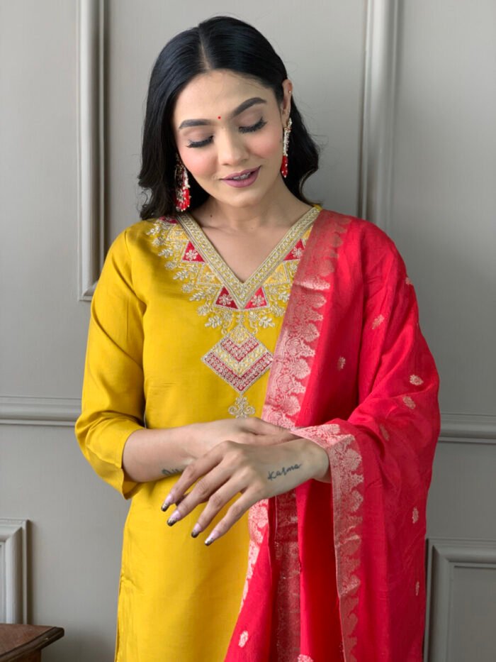 Mustard Yellow Threadwork Cotton Festive Suit - Image 5