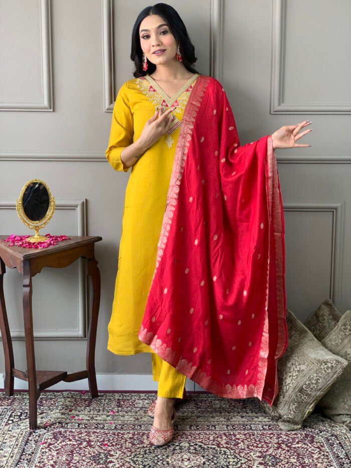 Mustard Yellow Threadwork Cotton Festive Suit