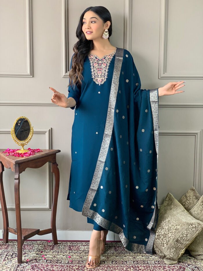 Petrol Blue Threadwork Cotton Festive Suit