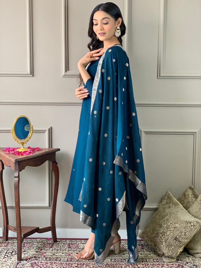 Petrol Blue Threadwork Cotton Festive Suit - Image 3