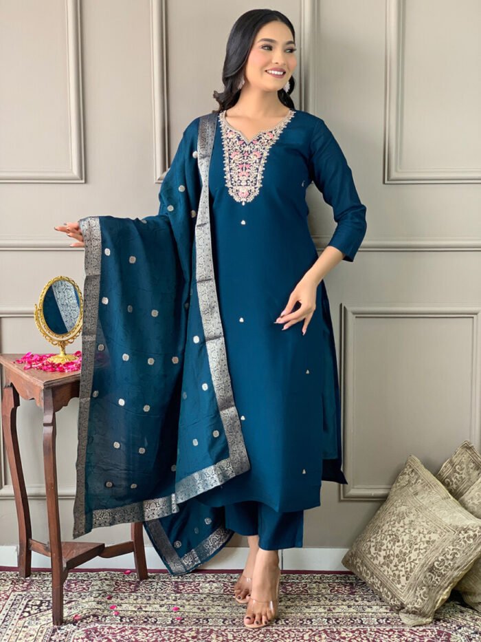Petrol Blue Threadwork Cotton Festive Suit - Image 2