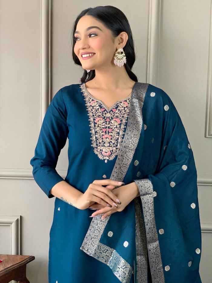 Petrol Blue Threadwork Cotton Festive Suit - Image 5