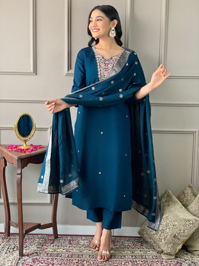 Petrol Blue Threadwork Cotton Festive Suit - Image 4