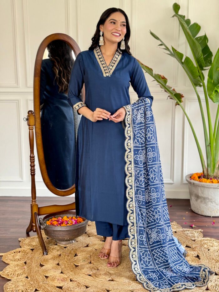 Women's Petrol Cotton Embroidered Straight Kurta with Cotton Pant And Chinon Printed Dupatta Sets