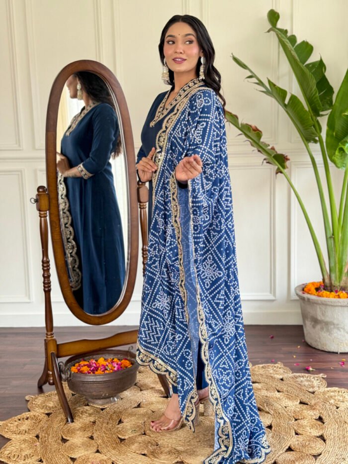 Women's Petrol Cotton Embroidered Straight Kurta with Cotton Pant And Chinon Printed Dupatta Sets - Image 2