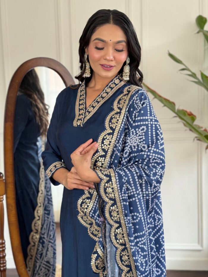 Women's Petrol Cotton Embroidered Straight Kurta with Cotton Pant And Chinon Printed Dupatta Sets - Image 3