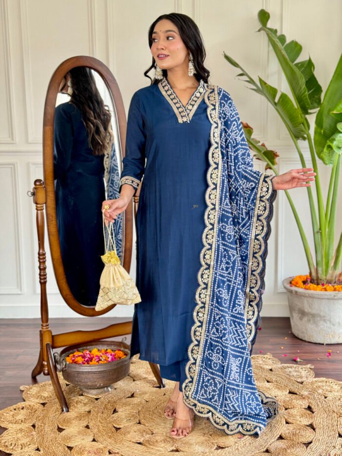 Women's Petrol Cotton Embroidered Straight Kurta with Cotton Pant And Chinon Printed Dupatta Sets - Image 4