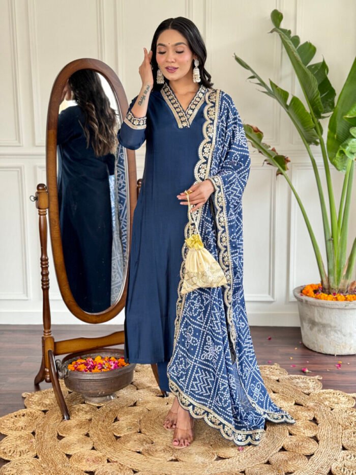 Women's Petrol Cotton Embroidered Straight Kurta with Cotton Pant And Chinon Printed Dupatta Sets - Image 5