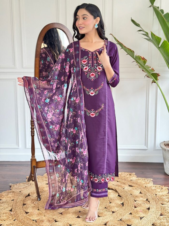 Wine Floral Cotton Suit