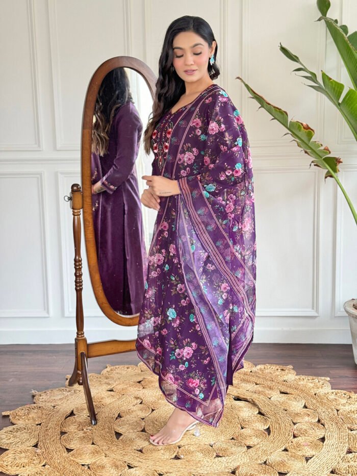 Wine Floral Cotton Suit - Image 2