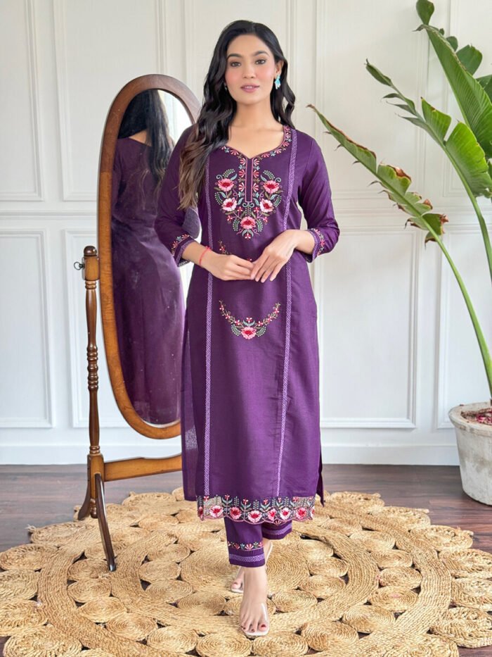 Wine Floral Cotton Suit - Image 3
