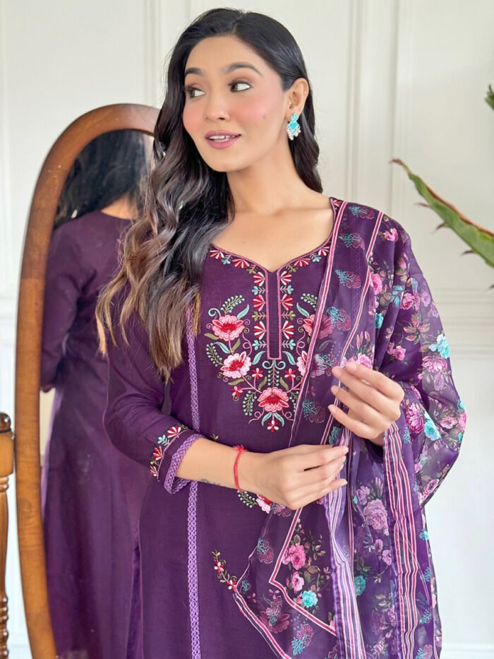 Wine Floral Cotton Suit - Image 4
