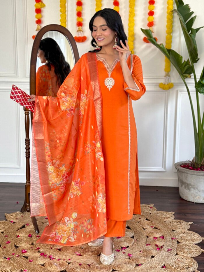 Opive Women's Orange Cotton Straight Embroidered Kurta with Pant & Dupatta